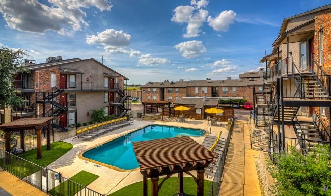 a swimming pool in a courtyard